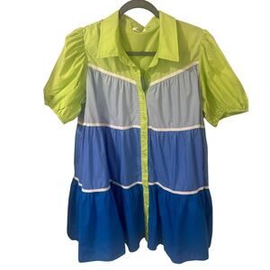 Day + Moon Colorblock Tiered Poplin Ruffled Puff Sleeve Mini Shirt Dress, L